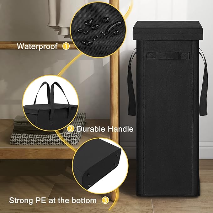 Chrislley 60L Slim Laundry Hamper with Lid Narrow Laundry Basket with Handle Upgrade Foldable Dirty Clothes Hamper Portable Skinny Hamper Organizer Storage Bins (25.6 inches, black)