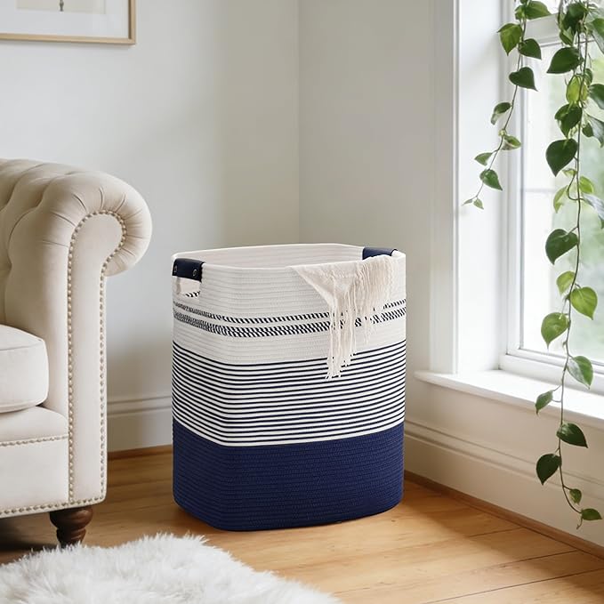85L Tall Laundry Hamper with Handles for Living Room Storage, Extra Large Woven Rope Baskets Bin for Blanket, Kids Toy, Gifts, Wicker Hamper for Bedroom Dirty Clothes, 17"x14"x22" White Navy