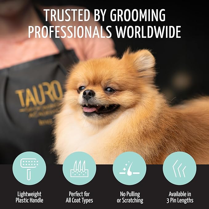 Tauro Pro Line Deshedding Slicker Brush for Dogs & Cats, Hard Pins for Undercoat Removal & Dematting, Grooming Tool for Long & Wavy Coats, Ideal for Golden Retrievers, Non-Slip, Mint, Large Size (L)