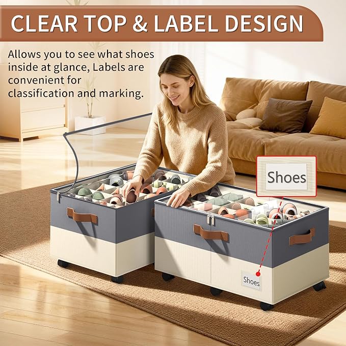 Shoe Organizer for Closet, Shoe Storage Organizer with Wheels and Adjustable Dividers, Stackable Shoe Storage Box with Clear Cover, Closet Shoe Organizer Fits up to 24-48 Pairs, Gray and Beige