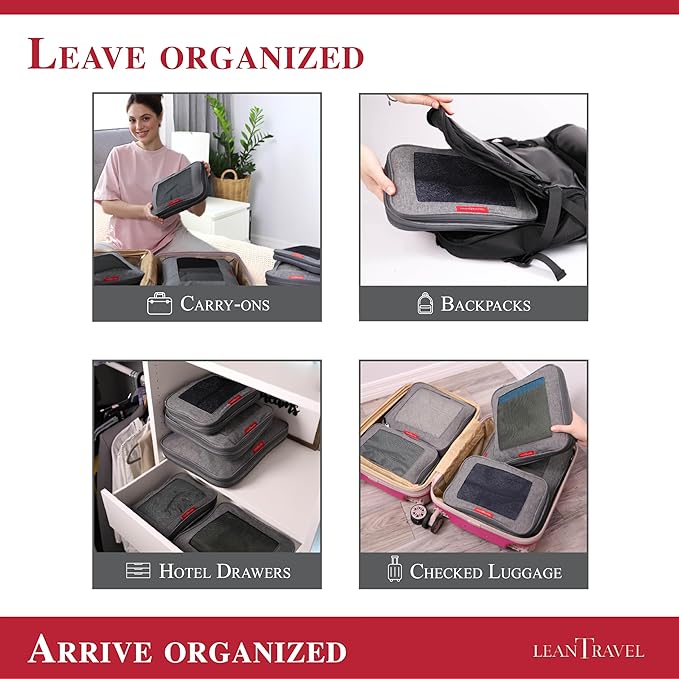 LeanTravel Compression Packing Cubes for Travel Organizers with Double Zipper (1 small piece, Grey)