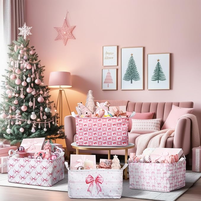 4 Pcs Pink Bow Storage Basket for Gifts Collapsible Girls Coqutte Pink Storage Bins with Handle Cute Preppy Foldable Laundry Organizer for Home Bathroom Bedrooms Baby Clothes Toys Books