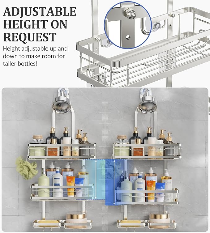 OMAIRA Shower Caddy Hanging with Soap Scrub Holder, Stainless Steel Adjustable No Drilling Non-Slip Large Capacity Sturdy Over Shower Head Shower Organizer Inside Shelves Bathroom Storage Rack, Silver