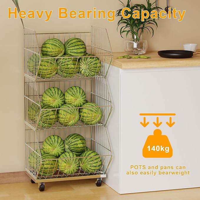 Standing Shelf Units, Wire Storage Basket with Wheels, Detachable and Foldable and Stackable to Save Space, Weight Capacity and Durable Racks/Organizer, for Kitchen Garage Closet (1 Tier) (1 Tier)