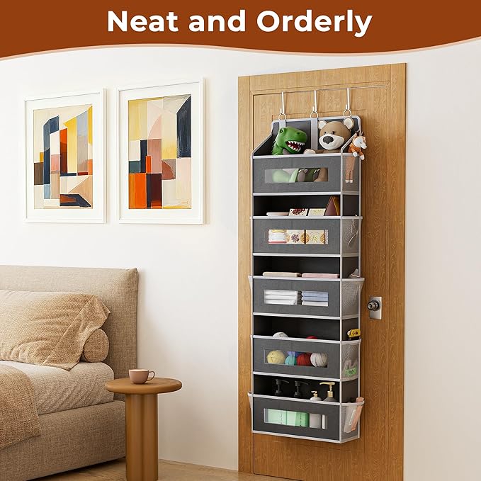 5-Tier Over The Door Storage Organizer with 10 Side Mesh Pockets, 48 lbs Load Capacity, 3 Hooks Design, Door Hanging Organizer with Clear Windows for Bathroom, Bedroom, Nursery, Kitchen-Grey