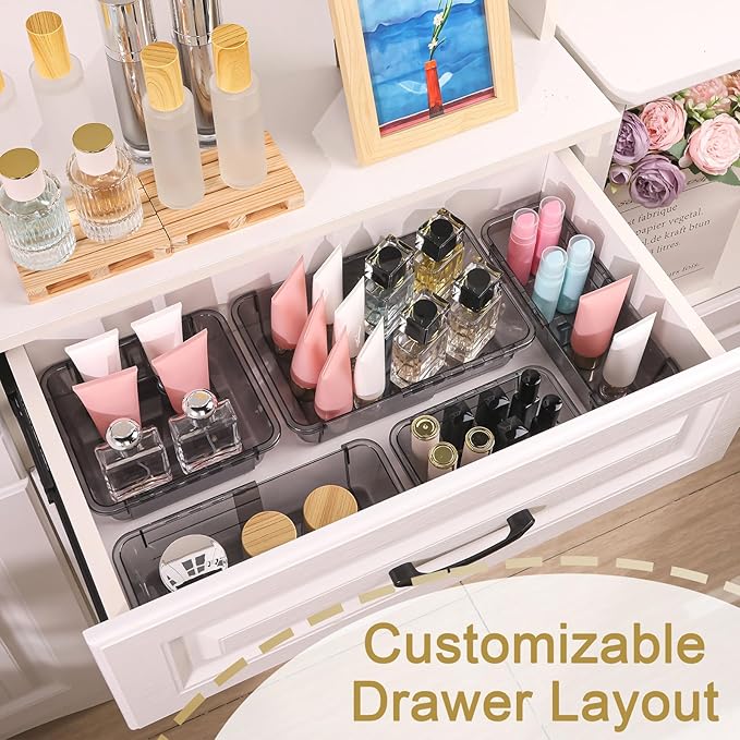 8 Pcs Mixed Extendable Clear Drawer Organizer, All Adjustable Vanity Storage Box, 3-Size Desk Drawer Organizer, Acrylic Storage Bins for Makeup, Bedroom Dressers Tool Organizer for Gadgets, Black