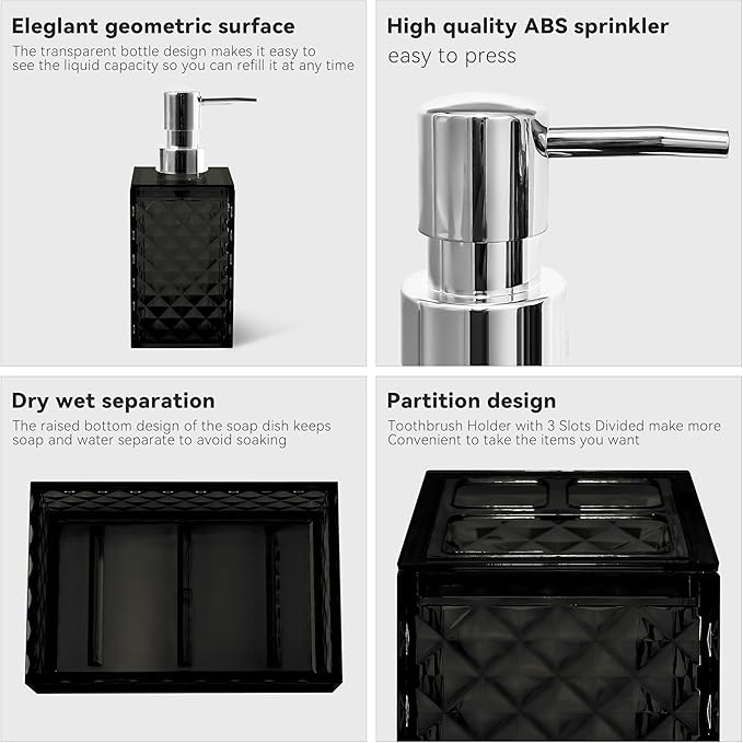 Bathroom Accessory Set, 4 PCS Black Bathroom Accessories Set, Soap Dispenser and Toothbrush Holder Set, Soap Dish and Mouthwash Cup, Boho Bathroom Decor, Bathroom Sets Accessories