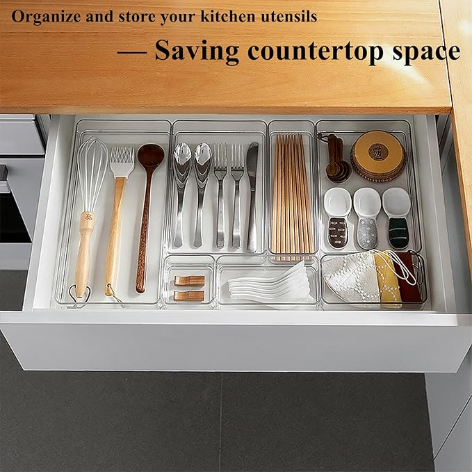 10 Pcs Extendable Clear Drawer Organizer, All Adjustable Vanity Storage Box, 2-Size Desk Drawer Organizer, Durable Storage Bins for Makeup, Cosmetic, Bedroom Dressers Tool Organizer for Gadgets