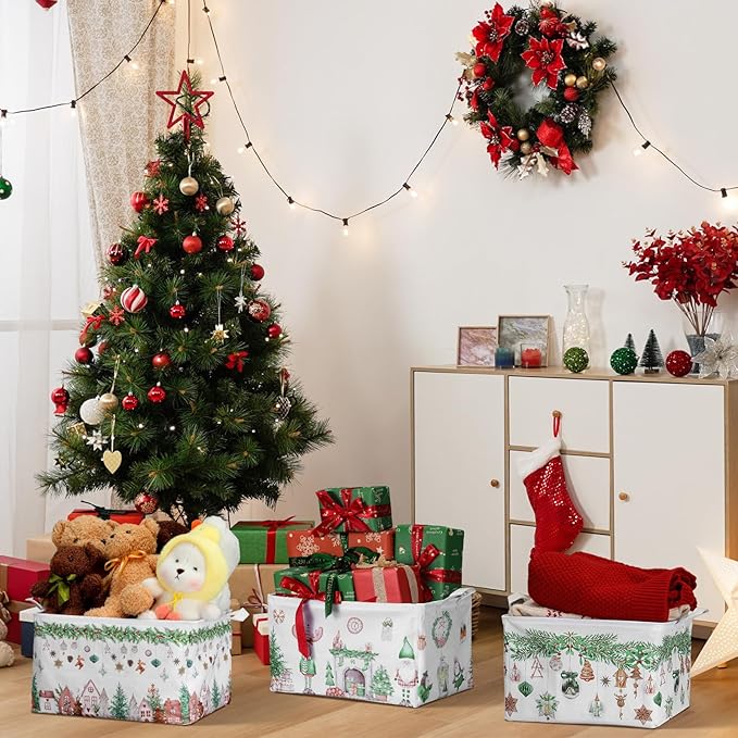 4 Pack Christmas Storage Bin Collapsible Large Christmas Storage Baskets for Gifts Xmas Tree Canvas Laundry Basket Foldable Box with Handle for Office Home Bedroom Clothes Toys Holiday Decor