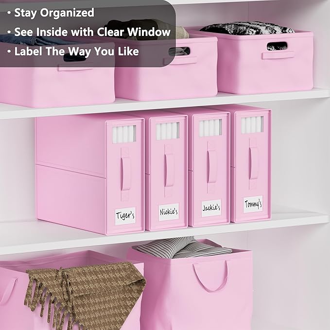 SUOCO SheetCube Bed Sheet Organizers and Storage 4 Pack, Foldable Linen Closet Organizer with Window and Label, Bedding Folder Storage Box Container for Blanket, Duvet Cover Set, Bed Sheet Set - Pink