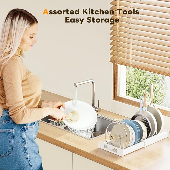 Dayacoco Pots and Pans Organizer Under Cabinet - Pot Lid Holder, Expandable Pan Organizer for Cabinet, Pot Rack with 10 Adjustable Compartments for Kitchen Cabinet, Frying Rack, Lid, Cookware,1 Pcs