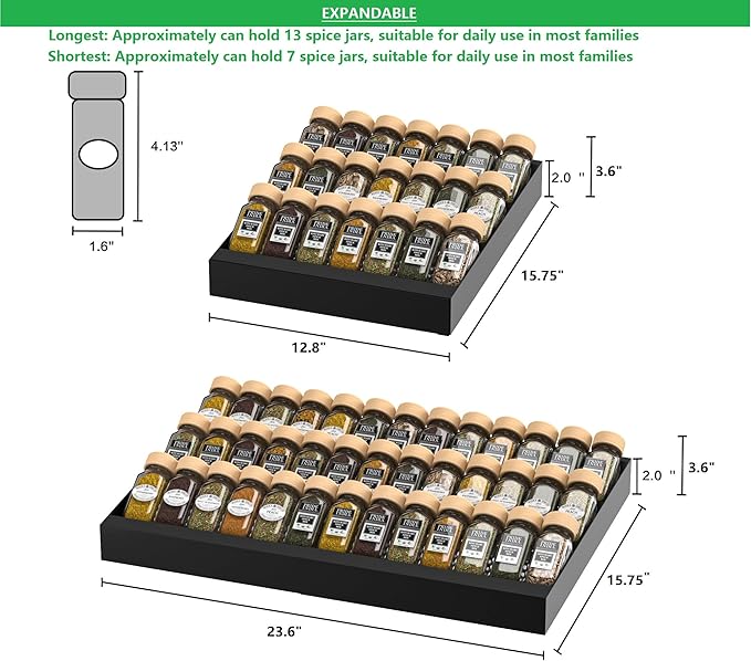 Expandable Metal Spice Drawer Organizer,3-Tier Slanted Seasoning Jars Tray for Kitchen Cabinet Drawers Insert/Countertop (Jars not included)-3Tier,1pack/Black