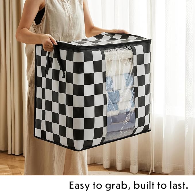 Black and White Checkered Clothes Storage Bins, 100L Large Blanket Storage Bags 3 Pack, Closet Organizers and Storage Containers for Comforters, Bedding, Foldable Organizer with Handle