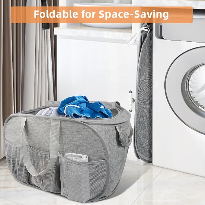 4 Pack Collapsible Laundry Baskets with Lid, Foldable Laundry Basket with Pockets, Pop Up Laundry Hamper with Dual Handles, 99L Sturdy Hampers for Clothes, Groceries, Supplies, Tools, Grey