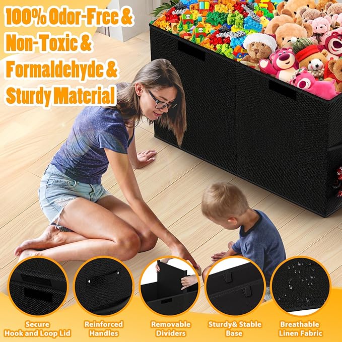 Large Toy Storage Box with Lid Divider, Sturdy Collapsible Toys Organizer Chest Kids Storage Bins Boxes Baskets for Boys, Girls, Nursery, Bedroom, Living Room, Playroom, 25"x13"x16", Black