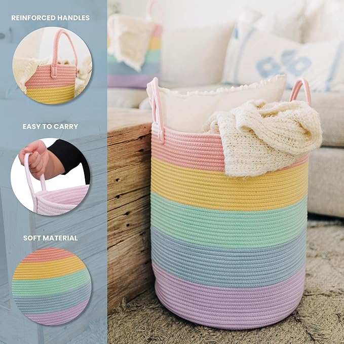 OrganiHaus Large Rainbow Woven Laundry Basket w/Handles 52L, Decorative Toy Storage Bin for Nursery, Colorful Blanket Basket for Playroom, Baby Laundry Hamper, Fun Kids Room Decor Organizer