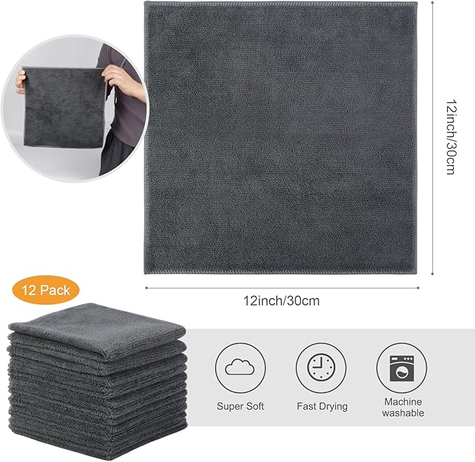 SINLAND Microfiber Cleaning Cloth Super Absorbent Kitchen Dish Cloths Quick Dry No Streak Dish Rags Glass Cloths 12inchx12inch 12 Pack Grey