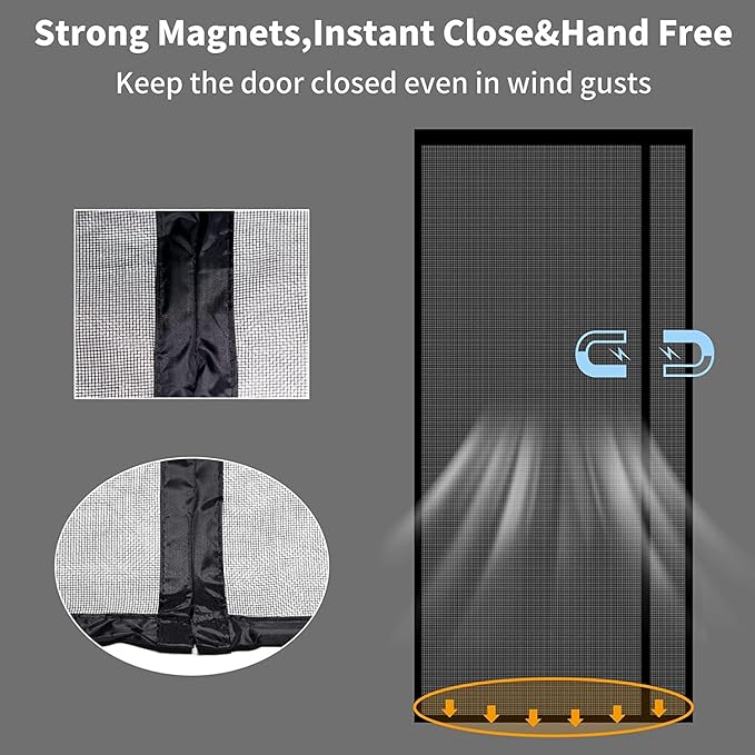 Reversible Left or Right Side Opening Magnetic Screen Door, Narrow Durable Fiberglass Mesh Curtain Hands Free for Patio, Bedroom, Fits Door Size 38" x 82", Black