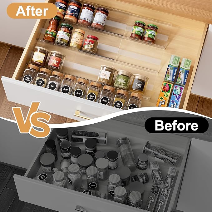 8-Pack Spice Drawer Organizer, Expandable Acrylic Seasoning Rack (13" to 26") with Anti-Slip Mat, Kitchen Spice Rack Drawer Holds up to 56 Jars (Jars Not Included)