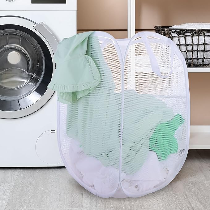 2 Pack Laundry Basket,Foldable Mesh Popup Laundry Hamper with Durable Handle,Easy to Open and Fold for Dorm, Laundry Room, Bedroom, RV(White+ White)…