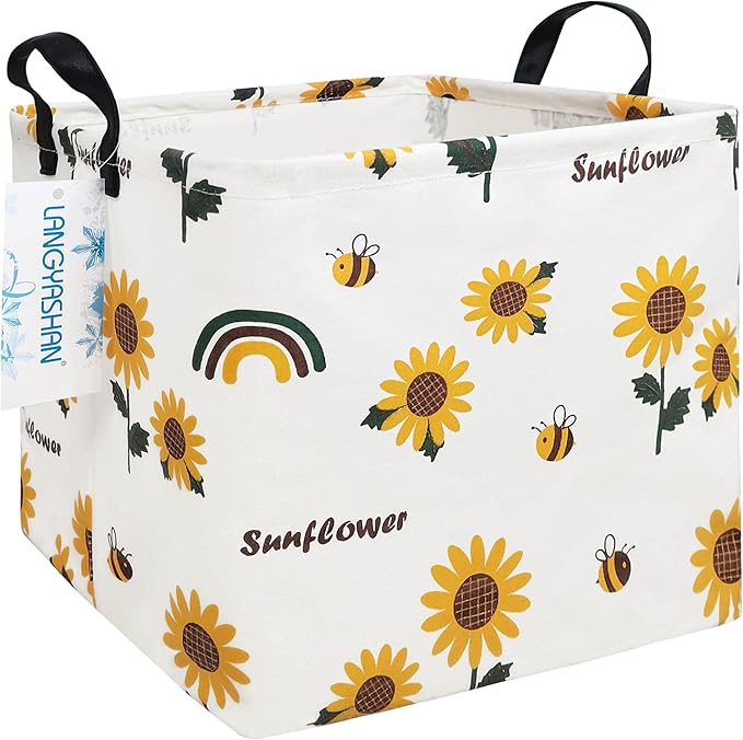 LANGYASHAN Square Storage Baskets Waterproof Canvas Children Laundry Nursery Hamper for Shelves Gift Baskets Toy Organizer Room Decor (Square Sunflower)