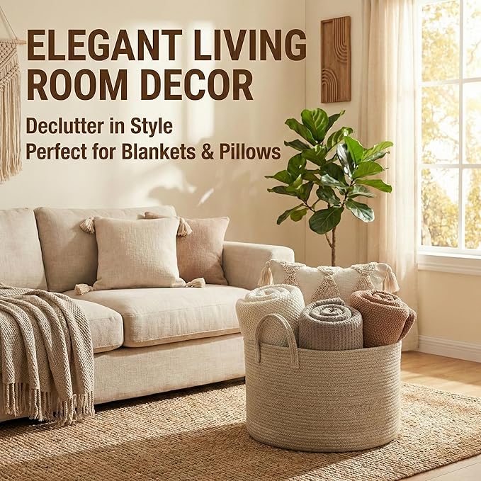 115L Extra Large Blanket Basket for Living Room - Woven Cotton Rope Laundry Hamper with Reinforced Handles - Storage Bin for Pillows, Comforters & Toys - Machine Washable,Oatmeal