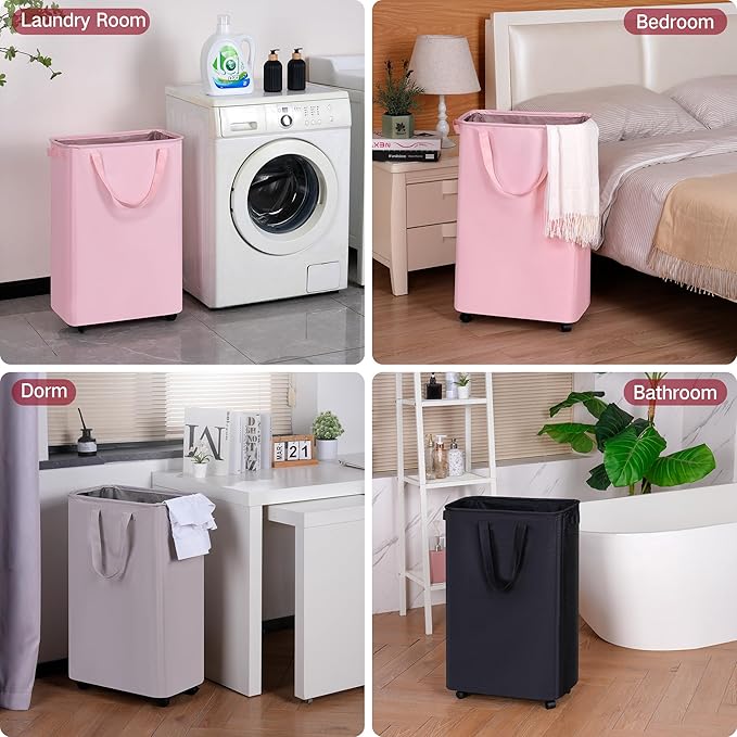 Slim Laundry Hamper with Wheels, Rolling Laundry Basket for Clothes, Small Laundry Basket for Bedroom, Dorm and Laundry Room, 75L (19.8 Gallons) Beige
