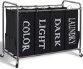 STORAGE MANIAC Laundry Sorter 4 Section, 47.8 Gal (181 L) Laundry Hamper with Wheels, Clothes Divider Basket Sorter, Clothes Separator Hamper Cart with Wheels and Removable Bags, Label Black
