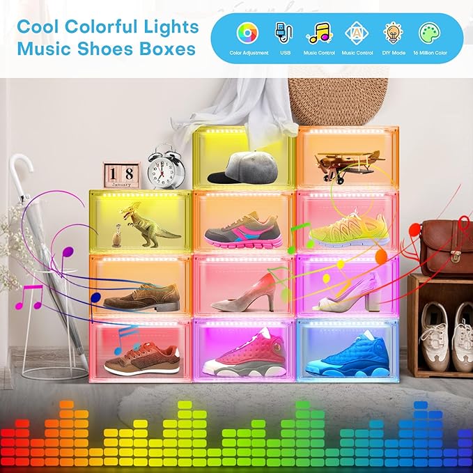 Shoe Storage Organizer for Closet, Foldable Shoe Boxes Rack 2 pack, Clear Plastic Stackable Containers Bins Holder, Magnetic Sneaker Shelf for Sneakerheads with LED Lights Clear