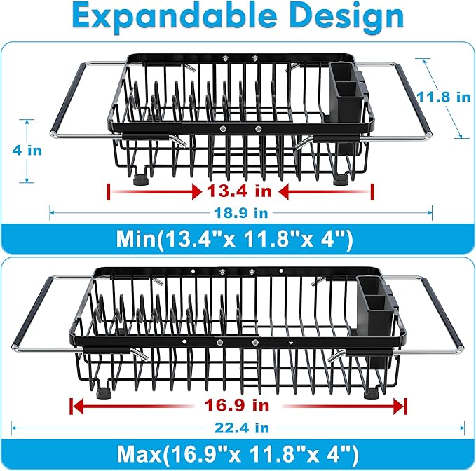 JASIWAY in Sink Dish Drying Rack, Expandable Stainless Steel Dish Drainers for Kitchen Sink, Over Sink Dish Drying Rack with Utensil Holder, 13.4''~16.9''D x 11.8''W, Black