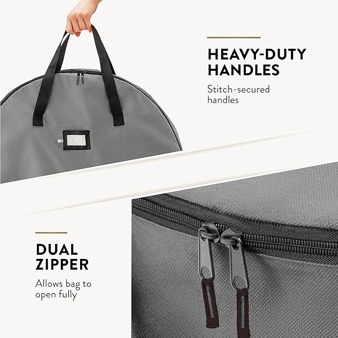 ZOBER 2 Pack Oxford Christmas Wreath Storage Container 36 Inch - Wreath Bag for Artificial Wreaths Box - Waterproof Fabric, Dual Zippered Wreaths Storage Bag With Strong Durable Handles - Gray