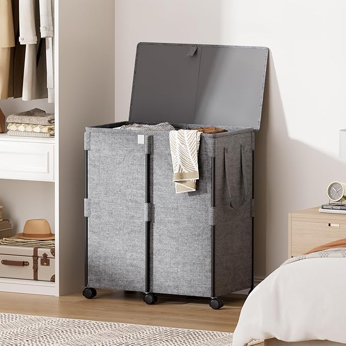 Chrislley 140L Large Double Laundry Hamper with Lid and 6 Wheels, Rolling Laundry Basket with 2 Removable Bags, Heavy Duty Metal Frame Laundry Cart, Dirty Clothes Hamper for Bathroom, Bedroom (Grey)