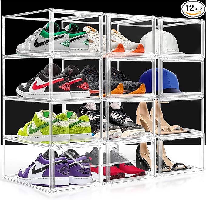 12 Pack Drop-Front Clear Shoe Boxes Acrylic Box Sneaker Boxes Size 12, Stackable Shoe Display Cases with Magnetic Door Storage Bins for Sneaker Containers Boot Figure Display