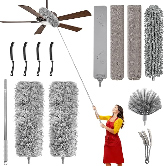 12-in-1 Professional Deep Cleaning System, 100-inch Extendable Duster with Under-Appliance Pads & Multi-Angle Heads for Ceiling Fans, High Ceilings, Blinds, and Gaps