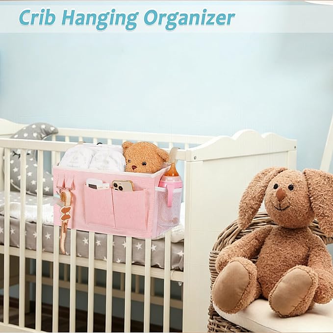 Loghot Bedside Caddy/Bedside Storage Bag Hanging Organizer for Bunk and Hospital Beds,Dorm Rooms Bed Rails,Can be Placed Glasses,Books,Mobile Phones,Keys (2pc Pink)