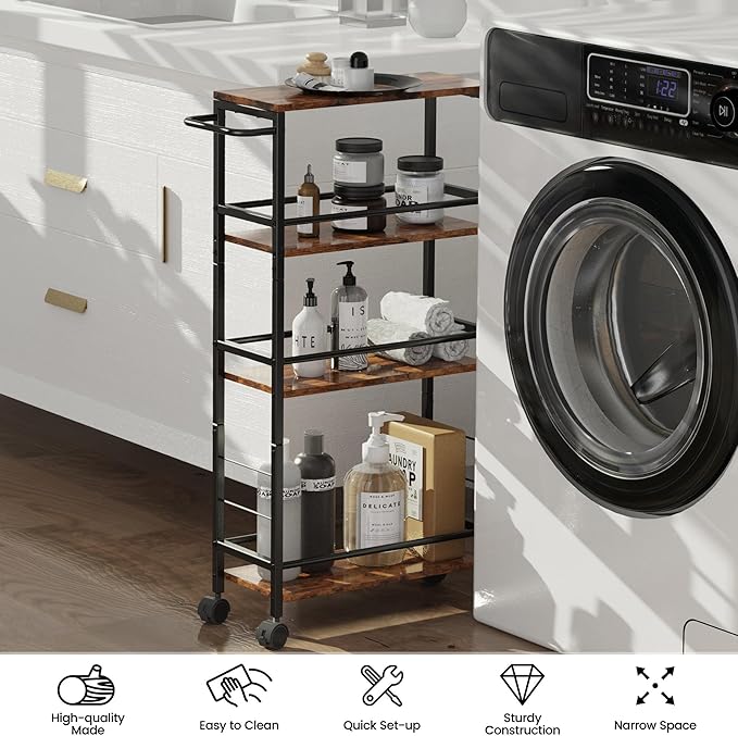 Narrow Storage Cart with Wheels, 4-Tier Narrow Kitchen Carts Slim Rolling Cart, Skinny Storage Cart, Snack Cart Slim Laundry Carts with Handle for Livingroom, Diningroom, Office（Rustic Brown, Black）