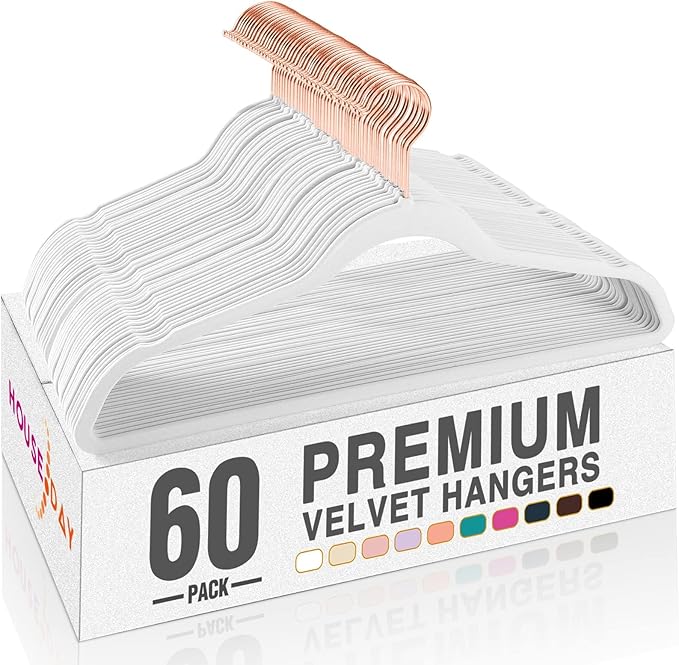 HOUSE DAY White Velvet Hangers 60 Pack, Premium Non-Slip Felt Clothes, Sturdy Heavy Duty Coat, Durable Hangers for Suits, Space Saving with No Hanger Mark, 360° Swivel Rotating Rose Gold Hook