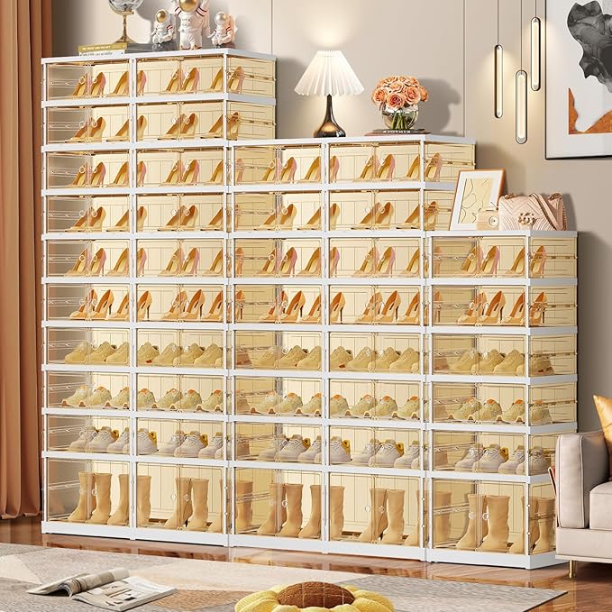 EHAMILY 10 Tiers 20-40 Pairs Foldable Shoe Boxes Large Plastic Shoe Storage Rack Collapsible Shoe Organizer For Closet Tall Shoe Shelf Clear Stackable Shoes Cabinet with Doors Entryway