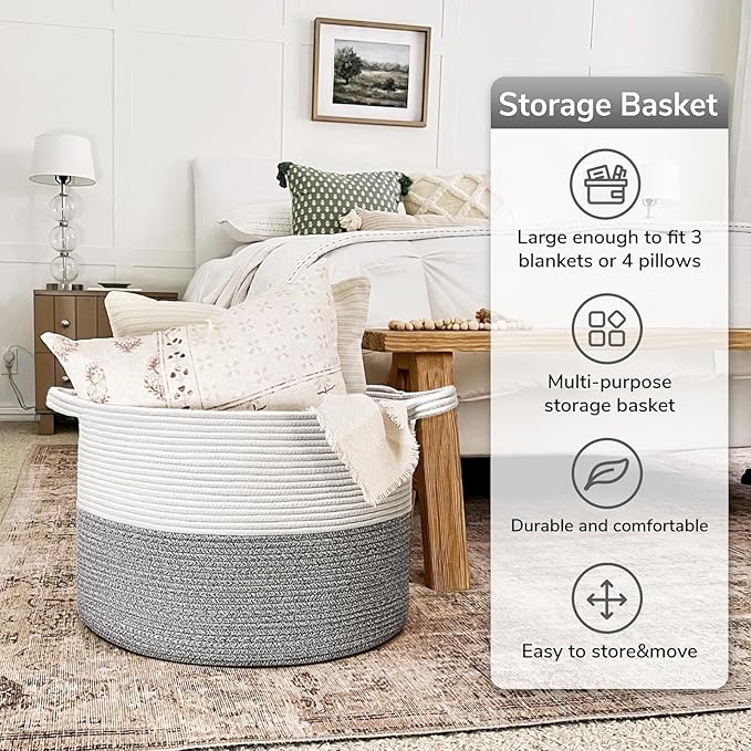 Goodpick Extra Large Rope Basket, 83L Blanket Basket Living Room, Baby Toy Storage, Woven Storage for Clothes, Big Toy Bin for Kids Organizer, 21.7 x 13.8 inches