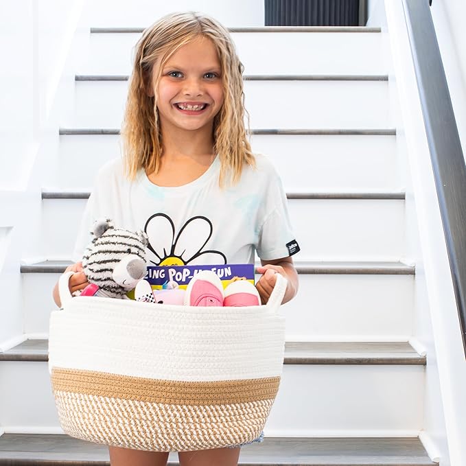 Stylish Cotton Rope Storage Basket For Dog Toys, Magazines or Books - The Perfect Woven Bin with Handles For Everyday Organization Reduces Clutter in Your Rooms - A Decorative Gift & Storage Box
