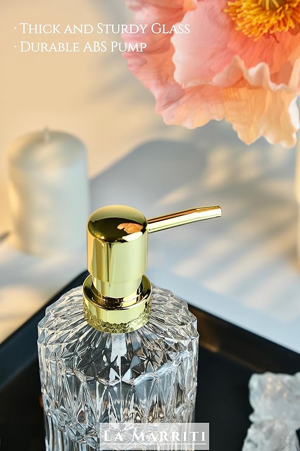 Glass Soap Dispenser with Rust Proof Pump, 13.5 Oz Clear Refillable Hand Lotion Dispenser for Bathroom Countertop and Kitchen, Crystal Vintage Bathroom Accessories, Bathroom Decor