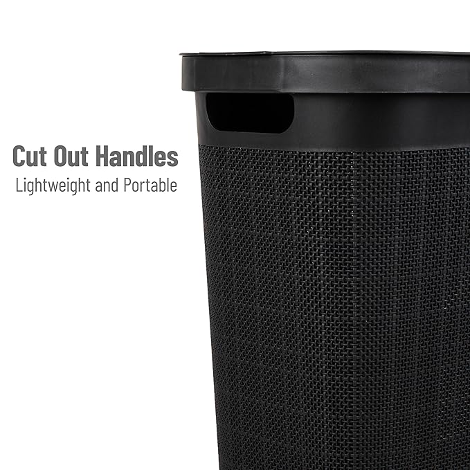 Mind Reader Slim Laundry Hamper with Lid, 40L Clothes Basket, Linen Design, Plastic, Black