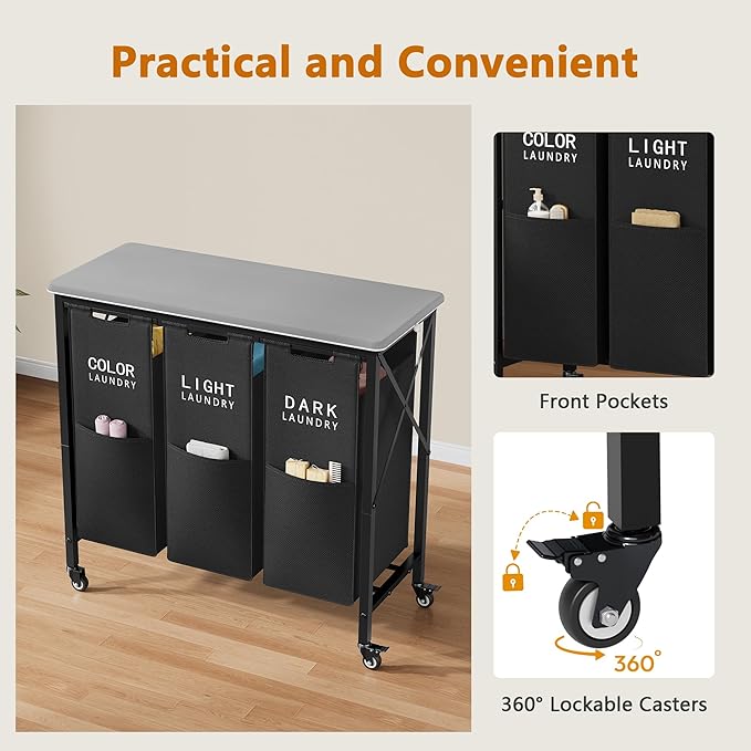 3 Section Laundry Sorter with Ironing Board, Laundry Hamper with Removable Bags, Heavy Duty Rolling Laundry Cart with Lockable Wheels for Bathroom Bedroom, black