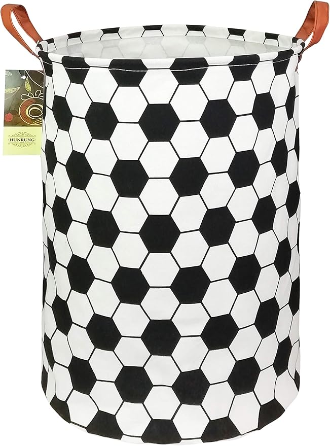 HUNRUNG Laundry Hamper,Large Canvas Fabric Lightweight Storage Basket Toy Organizer Dirty Clothes Collapsible Waterproof for College Dorms, Children Bedroom,Bathroom（Roud-Football）