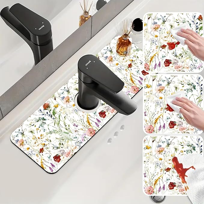 Sink Faucet Absorbing Mat Wildflower Sink Splash Guard Drying Mat for Kitchen Bathroom Faucet Sinkmat 15.5"X5.5"