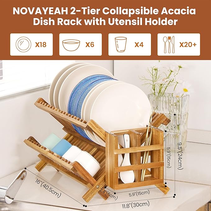 Acacia Wooden Dish Drying Rack for Kitchen Counter 2-Tier Collapsible Bmaboo Dish Drying Rack with Utensil Holder-Large Folding Dish Drainer Rack with Flatware Holder 34 pcs Grid