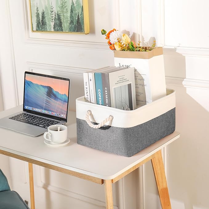 Storage Bins with Sturdy Cotton Handles(1 Pack), Fabric Storage Baskets for Organizing use for Office & Home, Book, Clothes, Toys, Closet Boxes (Large, Grey-White, 15.7x11.8x7.9 inches)