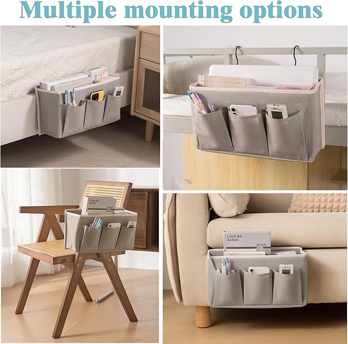Bedside Caddy/Bedside Storage Organizer Hanging Bag with Three Options,Suitable for home beds, sofas, and dormitory beds—can hold magazines, books, phones, iPads, remote controls. (Gray)