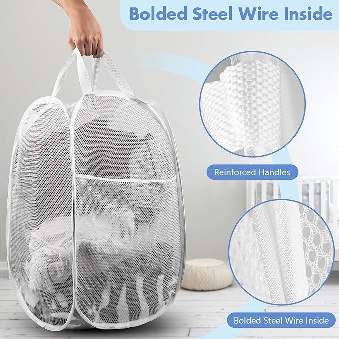 DUCOO Pop Up Hamper, 2 PCS Mesh Pop Up Laundry Hamper, Foldable Mesh Laundry Basket with Space Saving Design for Home, Dorm, Travel and Storage, White