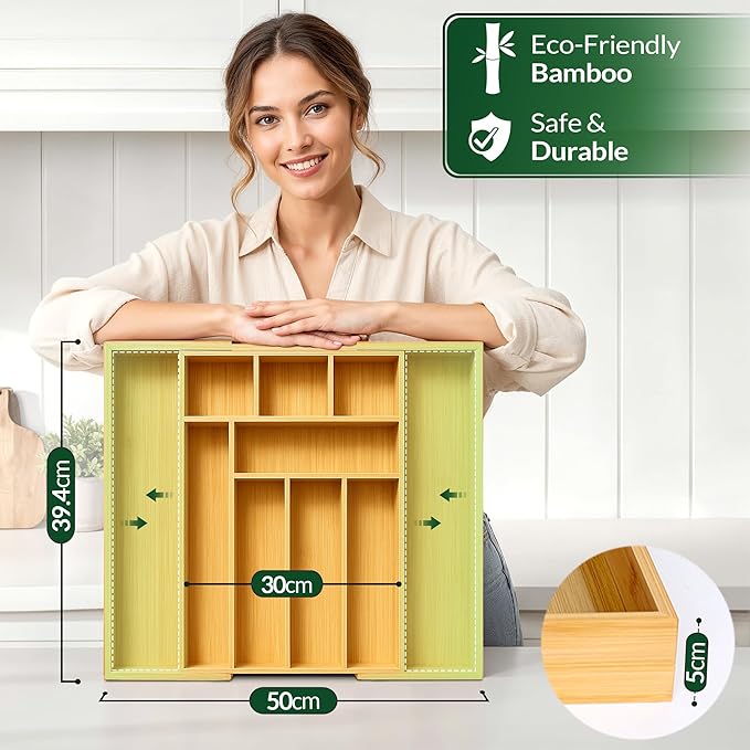 DAVIDOK Expandable Bamboo Drawer Organizer for Kitchen - 8 to 10 Slots Large Silverware Organizer for Utensils, Cutlery, Flatware & Kitchen Gadgets | Multiple Use, Non-Slip Feet Included